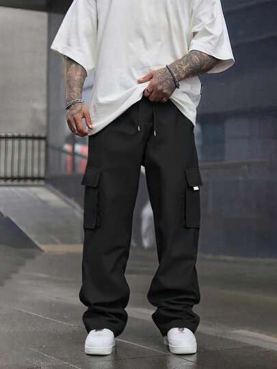 Men's Outdoor Solid Color Utility Pocket Wide Leg Casual Pants Overalls Men's Loose Baggy Overalls Men's Black Overalls