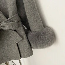 OFTBUY Einfarbige Jacke mit langen Ärmeln, loser Taille, Gürtel, Fellimitat-Patchwork und Wollmischung, lässiger Street-Style für Herbst/Winter und Feiertage - Grau - Übersicht 7