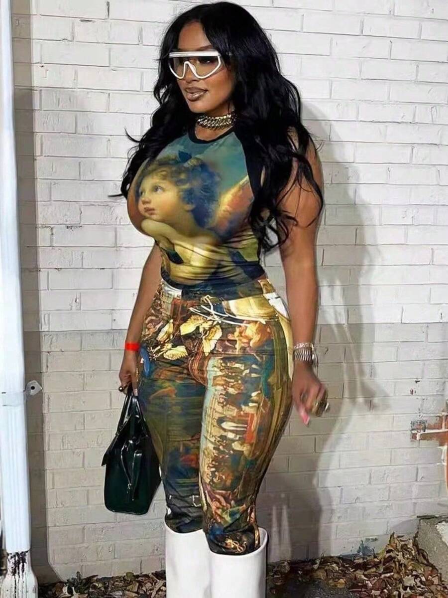 Ladies' Street Casual Tight Fitting Spicy Girl Retro Oil Painting Print Sleeveless Top And Pants Set Two-Piece Set - 黃色 - 查看 1