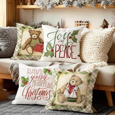 MEMNUN 4 Stücke Vintage Cartoon Teddybär Illustration Kissenbezüge [ohne Kissenfüllung], 45 x 45 cm, [einseitig Muster] Fröhliche Weihnachten dekorative Polyester Kissenbezüge, Weihnachtsdekoration, Raumdekoration, Heimdekoration, Schlafzimmerdekoration, Dekorationsmaterial für Sofa, Wohnzimmer, Schlafzimmer, Auto, Büro, Hotel, Airbnb, Weihnachtsgeschenk für Familie und Freunde