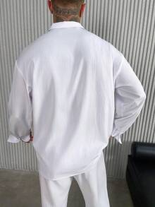 男士两件套度假套装，领衬衫搭配松紧腰长裤，轻盈透气，亚麻质感，白色，适合海滩度假、约会之夜、圣诞礼物、秋季穿着。 - 白色 - 查看 3