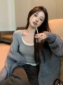 Women's Casual All-Match Solid 2 In 1 Crop Top Undershirt