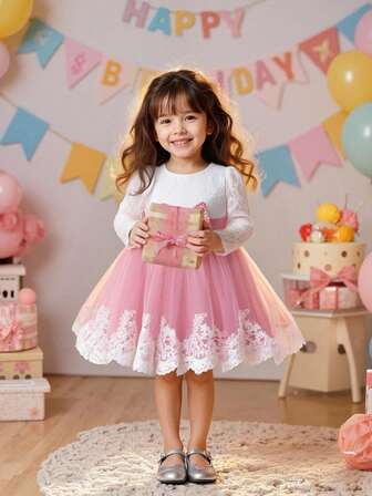 Spetsklänning med lång ärm och rosett, prinsessklänning, brudeflicksklänning för bröllop, fest, tävling