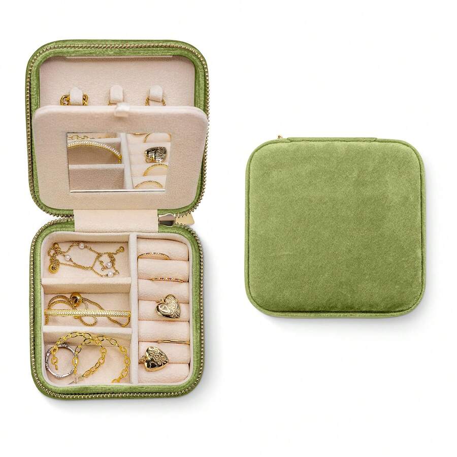 Plush Velvet Jewelry Box | Travel Jewelry Case Organizer With Mirror  | Best Gifts For Daughter, Girlfriend, Mom | Gifts For Her - 綠色 - 查看 1