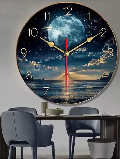 Pc 10 Inch/12 Inch Moderne Wood Wand Klok Moonlit Night Sky 2D Flat, Classic Golden Numbers, Mounted, Multipurpose Home Or Office, Nighttime scape Durable Clock, Room view 3