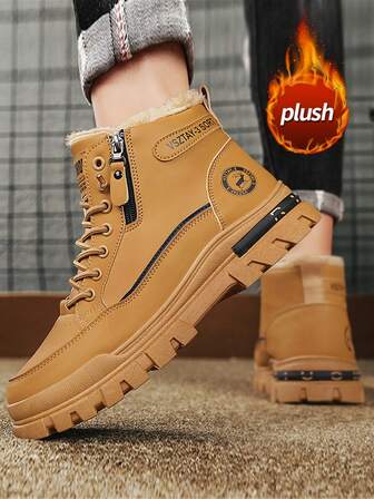 Herrskor med hög läderkant, nya, termofodrade, tjocka och varma stövlar för höst/vinter, halkfria, slitstarka, rund tå med snörning och dragkedja i sidan, plusstorlek 46, moderiktiga, avslappnade, utomhus- och festkläder, vattentäta, oljebeständiga herrskor i läder, utomhusvandringsklätterstövlar, varma, termofodrade ankelstövlar, taktiska ökenstövlar, motorcykelstövlar lämpliga för -40°C