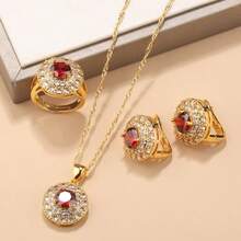 18K Gold Plated Luxury Vintage Fashion Jewelry Set, Including Round Earrings, Necklace, Adjustable Ring, Suitable For Wedding, Christmas, Thanksgiving, Halloween, Valentine's Day, Birthday Gift
