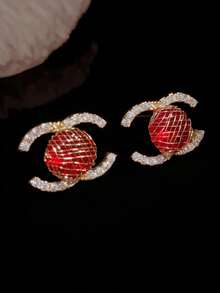 1 Pair Minimalist 925 Sterling Silver Micro-Inlaid Zirconia Round Red Double C Letter Stud Earrings, Versatile Daily Wear Jewelry For Women, Suitable As Party Or Valentine's Day Gift