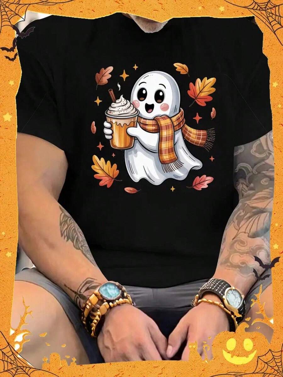 Men'S Plus Size Halloween T-Shirt - Cute Pumpkin Latte Ghost With Crinkle Texture - Olive Green Spooky Graphic Tee,Nightmare Before Christmas,Christmas,Halloween Costumes,Funny T Shirts,Summer Outfits,Thanksgiving Day,Men Graphic Tees,Streetwear Men - Black - View 1