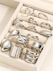 14pcs/2 Sets Fashion Minimalist Elegant Vintage Asymmetrical Geometric Liquid Thick Chunky Statement Cocktail Rings Set, Gift For Holiday Beach Party Date Everyday Wear - Nhiều màu - Xem 1