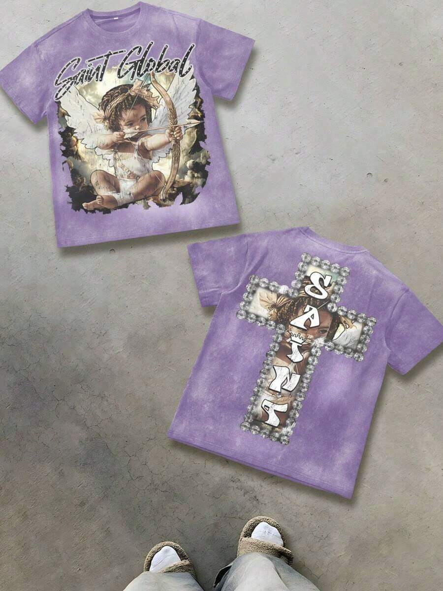 T-Shirts That Blend Faith And Fashion: Little Angel Printed T-Shirt, 230g Washed Label T-Shirt, Unisex Pickled Cotton Printed T-Shirt, Vintage Washed T-Shirt, Round Neck T-Shirt, Machine Washable, Casual Summer Wear, Men's Loose T-Shirt