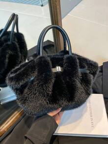 CHICVUE 秋冬新款高端褶皱云朵蓬松仿兔毛手提包，百搭淑女风毛绒优雅腰带装饰单肩包，适合通勤、上学、购物、度假、派对等场合，是理想的圣诞礼物之选。 - 彩色 - 查看 8