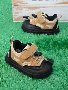 1 Pair Khaki Hook And Loop Baby Sports Shoes With Lace Decor, Mesh Material, Fashion, Comfortable, Versatile, Non-Slip, Durable, Suitable For Toddlers, Daily Wear