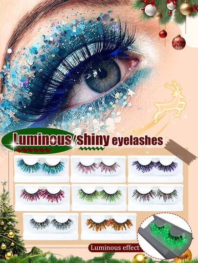 1 Par de Cílios Postiços Fluorescentes Arco-Íris com Glitter, Cílios Brilhantes e Cintilantes com Strass para Maquiagem de Natal, Halloween e Palco, Espessos e Encaracolados, Multicamadas Personalizáveis e Mutáveis, Efeito de Olhos Brilhantes 3D, Dramáticos e Luminosos para Balada