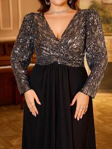 UNITHORSE V-Neck Princess Long Sleeve Pleated Glitter Splice Chiffon Party Evening Dress - Black - View 5