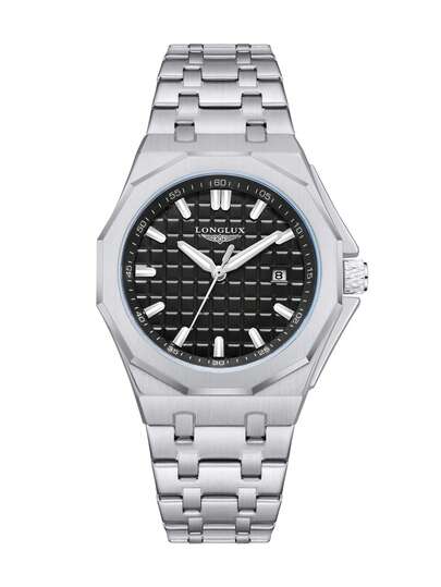 LONGLUX 1 件男士自动机械表带日历，蝴蝶扣钢带，防水，休闲简约设计