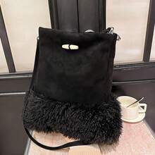 Women's Autumn/Winter Fashion Wool Shoulder Bag, Versatile Ladies Handbag And Wallet, Winter Suede Leather Messenger Bag With Fringe, Fuzzy Bucket Bag, Sheepskin Underarm Bag, Shearling Wool Commuter Shoulder/Crossbody Bag