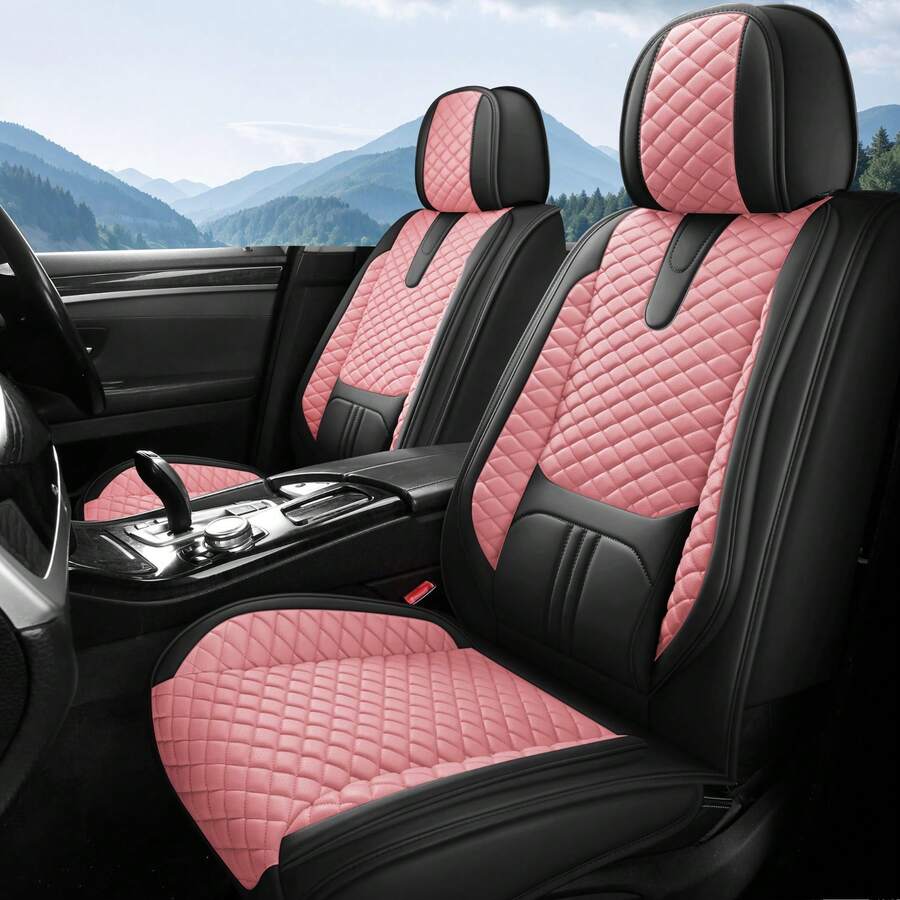 Nappa Luxury Leather Universal Car Seat Covers Full Set Front Rear Sold Split Bench Cover Diamond Pattern For Cars Easy To Install Cover Set Interior Accessories Decoration For Auto Sedan SUV - Pink - View 1