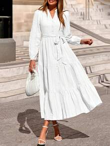 Womens Fall Maxi Dresses Casual Long Sleeve V Neck Button Down Flowy A Line Tiered Shirt Dress With Pockets - trắng - Xem 7