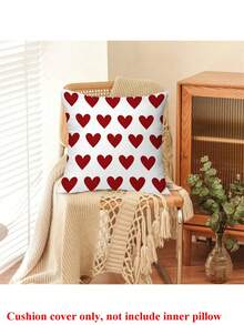 1pc Valentine's Day White Background Red Heart Pattern Cushion Cover, Romantic Square Pillow Case For Living Room Bedroom Sofa Decoration, Girlfriend Gift On Anniversary - Red and White - View 5