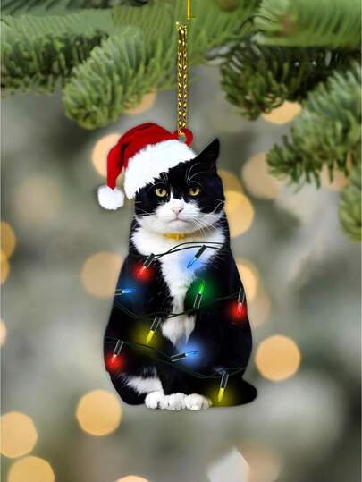 1 pieza - Adorno colgante de gato negro navideño - Decoración navideña de árbol con gato negro - Regalos lindos de gato para amantes de los gatos, adornos navideños para árbol, decoraciones de fiesta de árbol de Navidad, colgantes de acrílico, adornos decorativos navideños, decoración navideña, adornos colgantes únicos de coche para Navidad