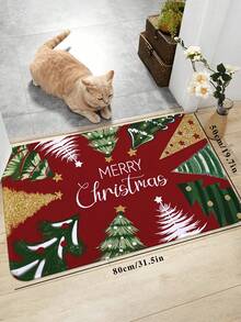 1pc Plaid Christmas Tree Print Doormat, Christmas Soft Velvet Rectangular Non-Slip Absorbent Mat, Suitable For Living Room, Bedroom, Entryway