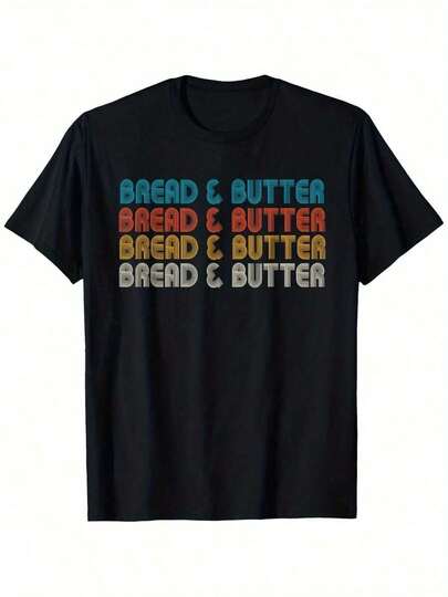 Camiseta gráfica Bread & Butter - 100% algodón, camiseta casual de manga corta con estampado de letras en bloques de colores vibrantes, ajuste holgado, unisex para hombres y mujeres, ropa de exterior primavera/verano, tallas S-XXL (negro), camisa de algodón transpirable, moda de primavera, diseño de impresión divertido, material cómodo, moda para parejas