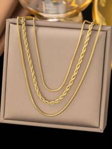Unisex Stainless Steel Layered Twisted Chain Necklace Minimalist Fashion Jewelry - Gold - View 4
