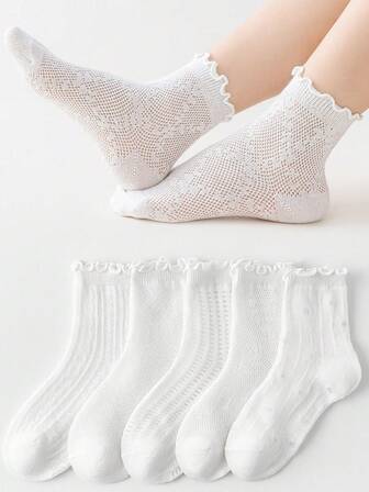 5 Pairs Children's Socks, Summer Mesh Breathable Comfortable Soft Fabric White Ruffle Edge Girls Socks, Cute Black & White Butterfly Kids Socks