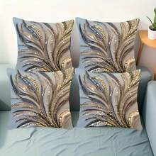4pcs 18" X 18" Modern Abstract Feather Pattern Pillow Covers (Printed Cushion Covers, No Sequins), Zipper Closure, Mixed Color Design, Suitable For Living Room, Bedroom, Office And Holiday Gifts (Pillow Insert Not Included), Vintage Pillowcase, Bedroom Decor, Modern Decor, Elegant Style, Shiny Texture, 2D Flat Print - Silver - View 12