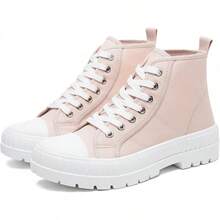 Women's White Platform Sneakers Fashion High Top Canvas Shoes For Women Black Lace-Up Canvas Sneakers Casual Platform Tennis Shoes - 米色 - 查看 12