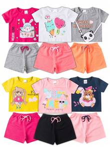 10 Piece Clothing Kit For Girls, Teens, And Women Summer Sizes 1 To 16: 5 Cropped T-Shirts/Blouses + 5 Bermuda Shorts/Shorts For Kids, Ready For Delivery, Feminine, Fun Prints With Shine - 彩色 - 查看 5