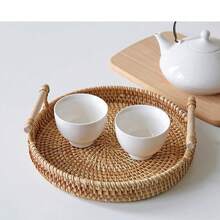 1 giỏ đựng trái cây/giỏ đựng bánh mì đan thủ công có quai xách, khay phẳng, giỏ đựng trái cây đan thủ công, giỏ đựng bánh mì kiểu Nhật, giỏ hấp, giỏ đựng đồ phòng khách, khay trưng bày - Màu gỗ - Xem 7