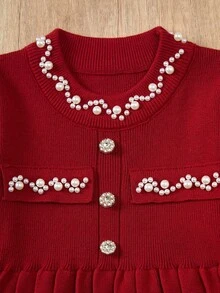 Young Girl Vacation Fashion Pearl Decor Round Neck Long Sleeve A-Line Knit Sweater Dress, Comfortable & Soft, Suitable For Daily, Outdoor, Travel, Vacation, Home, Daycare, School Wear, Spring/Autumn/Winter