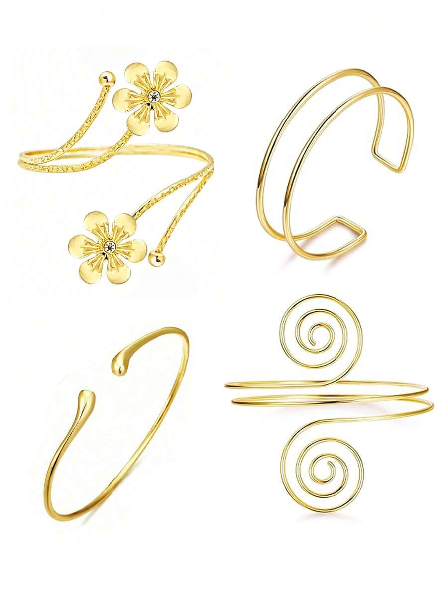 4pcs Adjustable Open Geometric Arm Cuffs, Simple Casual Party Holiday Halloween Decorations Set - 4-piece Gold Set - View 1