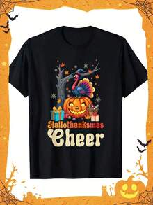 Men'S Happy Hallothanksmas Halloween Thanksgiving Christmas T-Shirt - Soft Breathable Tee With Pumpkin, Turkey, Candy Corn Graphic - Black Holiday Party Shirt For Halloween, Thanksgiving, Christm,Nightmare Before Christmas,Christmas,Halloween Costumes,Funny T Shirts,Summer Outfits,Thanksgiving Day,Men Graphic Tees,Streetwear Men - Black - View 1