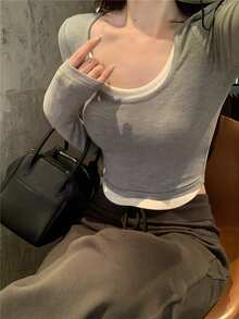 Women's Casual All-Match Solid 2 In 1 Crop Top Undershirt