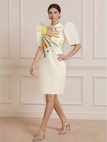 Modernes Filipiniana Kleid, elegant, Glockenärmel Kleid, Herbst, elegantes Temperament Stehkragen Kleid mit bedruckten Stehärmeln, modernes Filipiniana Kleid - Champagnerfarben - Übersicht 4