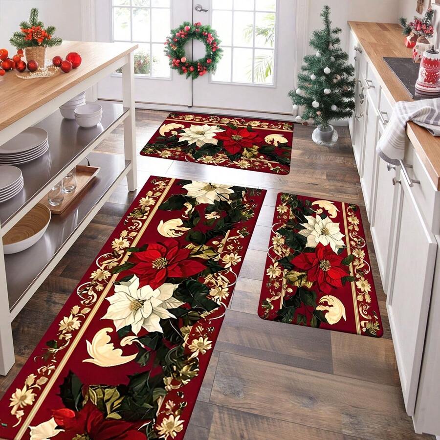 1/2/3pcs Soft Absorbent Kitchen Rugs - Christmas Fireplace Pattern Design - Washable, Easy To Clean - Perfect For Farmhouse, Bathroom, Hallway, Sink And Laundry Room Decor, Christmas Home Decor And Room Decoration, Christmas Decoration