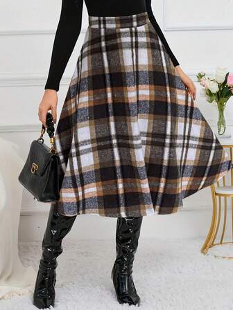 KeKe Wanli Jul Höst/Vinter Ny Modern Minimalistisk Pendlingsfest Asymmetrisk Flerfärgad Rutig Maxikjol, Mångsidig Förtjockad Högmidjad Lång Kjol För Damer