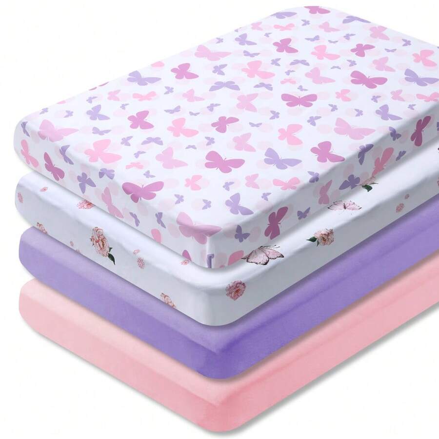 BEEWEED Crib Sheets, 4pcs Soft Sheets With Animal&Flowers Butterfly Prints, For Crib And Mattress, Crib Sheet For Boys And Girls, Super Soft Microfibre Crib Sheet Set, Breathable Cot Sheet, For Cot And Toddler Mattress - 多種顏色 - 查看 1