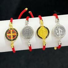 2 piezas Nuevo brazalete ajustable de cuerda roja y medalla de San Benito, brazalete trenzado de moda casual para mujer, regalo de Navidad