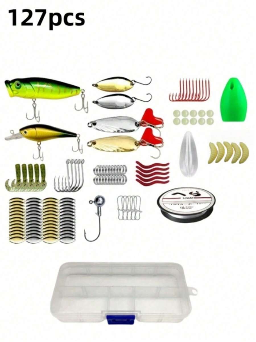 127pcs Fishing Lure Set, Includes Crankbaits, Spinnerbaits, Soft Plastic Worms, Jig Heads, Topwater Lures, Tackle Box And Other Fishing Gear Lure Set - Multicolor - View 1
