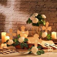 4/8/16 件套木制十字架工艺品，洗礼桌装饰，带底座的立式木制十字架和人造花、玫瑰，初领圣体中心装饰品，婚礼，婴儿派对，生日装饰 - 米色 - 查看 7