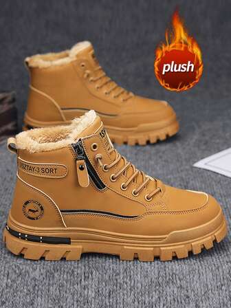 Men's High-Top Leather Motorcycle Boots, Autumn/Winter New Thermal Lined Thick Warm Boots, Anti-Slip Durable Mid-Calf Round Toe Lace-Up Side Zipper Boots, Plus Size 46, Fashionable Casual Outdoor Party Street Wear, Leather Waterproof Anti-Oil Men's Shoes, Outdoor Hiking Climbing Boots, Warm Thermal Lined Ankle Boots, Tactical Desert Boots, Motorcycle Riding Boots Suitable For -40°C