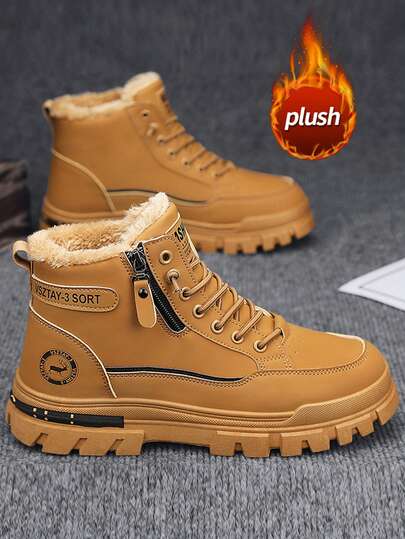 Men's High-Top Leather Motorcycle Boots, Autumn/Winter New Thermal Lined Thick Warm Boots, Anti-Slip Durable Mid-Calf Round Toe Lace-Up Side Zipper Boots, Plus Size 46, Fashionable Casual Outdoor Party Street Wear, Leather Waterproof Anti-Oil Men's Shoes, Outdoor Hiking Climbing Boots, Warm Thermal Lined Ankle Boots, Tactical Desert Boots, Motorcycle Riding Boots Suitable For -40°C