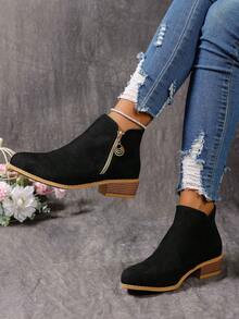 Botines de mujer de moda, punta afilada, tacón medio, cierre de cremallera, parte superior/plantilla de tela, cómodos para todas las estaciones - Adecuados para uso casual con vaqueros y vestidos, vacaciones, actividades al aire libre, viajes, botas casuales, botas de punta afilada, botas de tobillo de mujer, botas planas de mujer, botas de tacón grueso, botas anchas de mujer, calzado cómodo