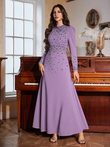 女士纯色葡萄紫伞裙摆修身长裙，立领，缀以精美串珠，尽显精致优雅，适合春季婚礼和派对穿着。 - 紫色 - 查看 7