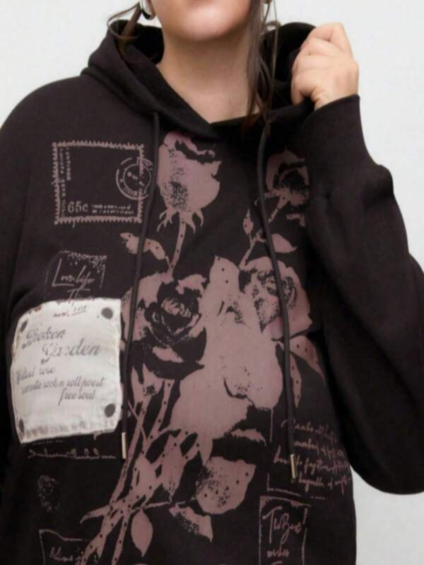 Blessings of Love Terry Rose Curve & Große Größen bedruckter Kapuzenpullover, Blume Muster Strickstoff mit geripptem Kordelzug, Große Größen, Lässig Kleidung für Herbst/Winter