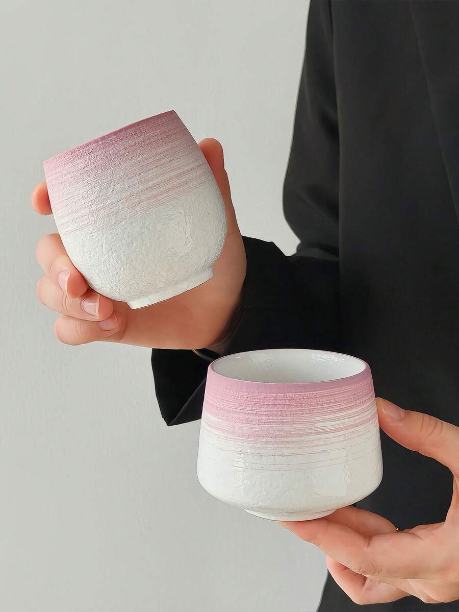 1 件粉色线条陶瓷咖啡杯，极简主义哑光陶瓷杯，日式陶瓷手柄杯，水杯，果汁杯，派对和下午茶杯，礼物，适合所有季节，万圣节，圣诞节 - 彩色 - 查看 1